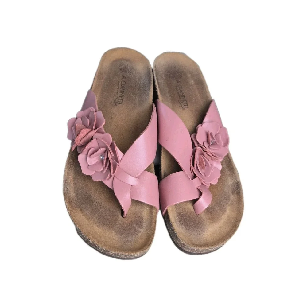 A. Giannetti Comfort Sandals Rose Pink Flower Leather Slides 9 Beach‎ Summer